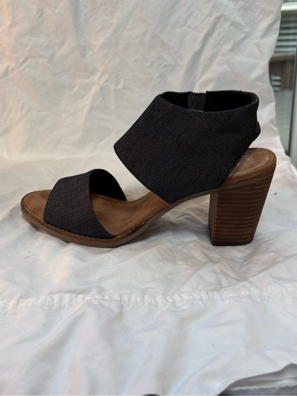 Toms Dark Black Denim Block Heel Sandals